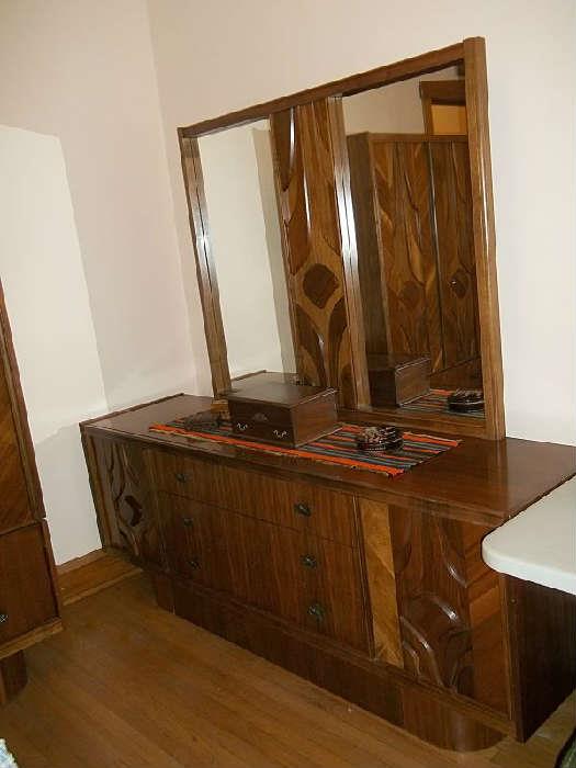 Midcentury Modern walnut bedroom set (Made in Canada) includes this dresser with mirror, tall armoire, full headboard bed and nightstand.