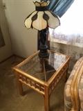 bamboo glass side tables and couch, 70s stained glass lamp