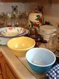 painted pyrex bowls, bauer bowls, Franciscan apple cookie jar, corning-ware, vintage kitchen