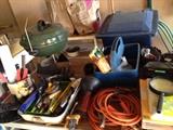tools, rakes, BBQ, extension cords,