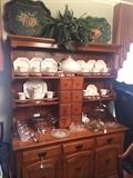 Early American hutch; tole trays; white ironstone dishes including tureen