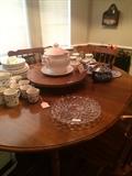Oval breakfast table; another tureen; Fostoria cake plate