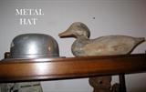 Metal hat and Wood decoy duck