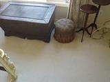 Dark Wood Pedestal Tables, Little Ottoman, Trunk / Coffee Table w/ Storage!