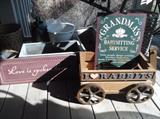I Love (Heart) Rabbits Wood Wagon, Grandma's Babysitting Service and other Tin Signs