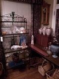 Black Wrought Iron Baker's Rack w/ Glass Shelves, Many Fine Glass Pieces, Crystal, Murano...Decorative Vases, Another Wall Clock, Baskets, Wood Cabinet, so much!