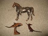 Metal horse, wood figurines