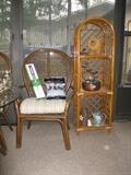 Arched shelf, chair, copper fountain on shelf