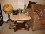 Replogle globe, marble top end table and silverplate items