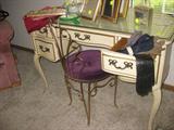 French Writing Desk or vanity with Leather insert, Metal vanity chair