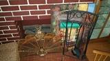 Brass fireplace fan, fireplace tools