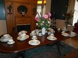 Dining Room: The table is now set with beautiful china which includes 12 each: dinner, salad, soup bowls, bread/butter plates, fruit bowls, cups, saucers AND two platters, gravy boat with attached under-plate, cream and sugar. A total of 89 pieces. As you can see, we set the table for eight guests, but there is plenty of room for more!