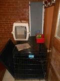 Kitchen: "Life Stages" kennel (42" long X 28" wide X 31" tall); smaller pet carrier; a telescopic "Solvit" pet ramp; and a stake/wire for outside use.