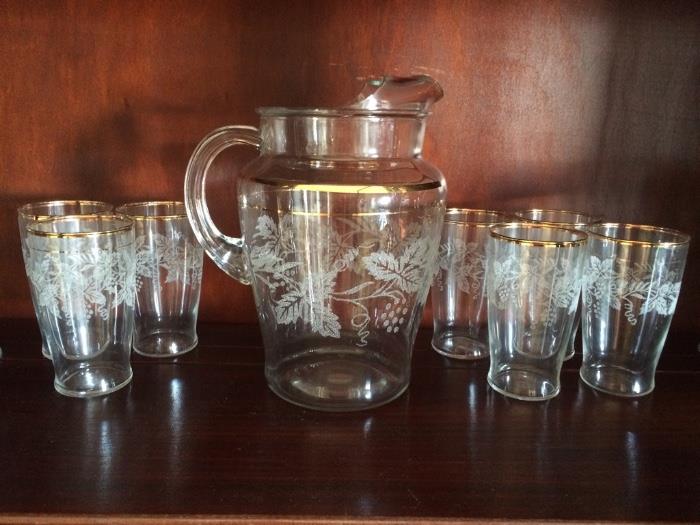 Vintage Pitcher & Matching Glasses with Grapevine Motif