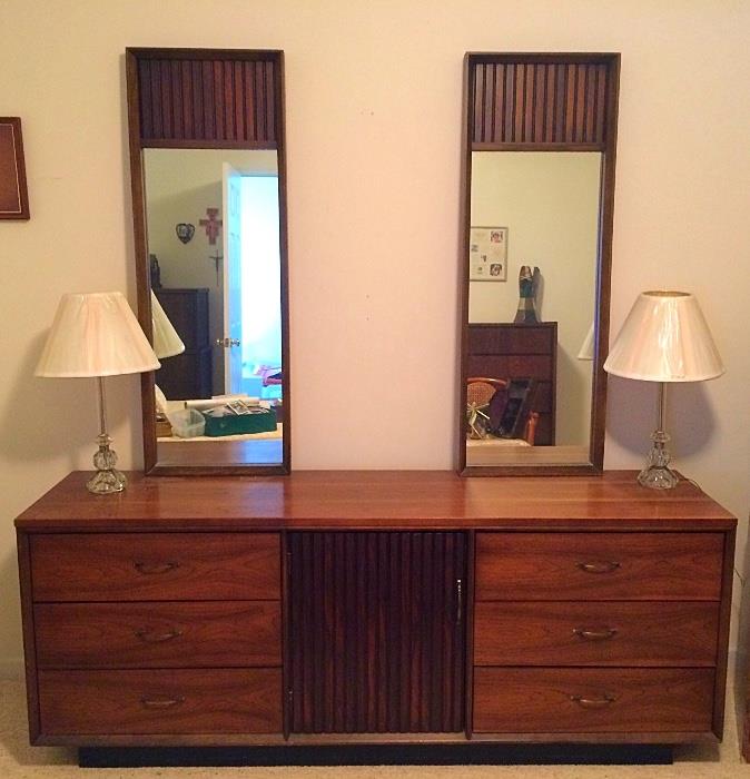 Bassett Furniture Dresser with His + Hers Mirrors, Vintage Glass Boudoir Lamps