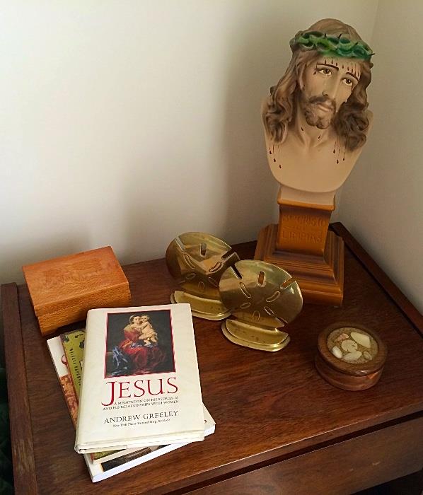 Vintage Small Wood Boxes, Books, Vintage Brass Sand Dollar Bookends, Ceramic Jesus Bust
