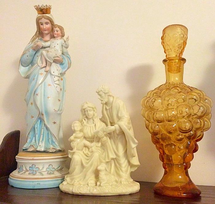 Late 19th C German Bisque Figurine, Religious Figurine, Amber Glass Grape Bottle