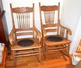 Oak pressed back rockers w/leather seat inserts