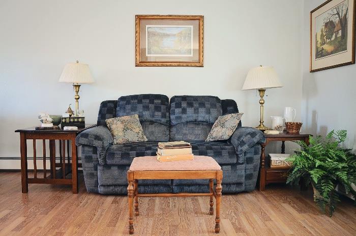 Reclining Loveseat, Mission style end table and lamps