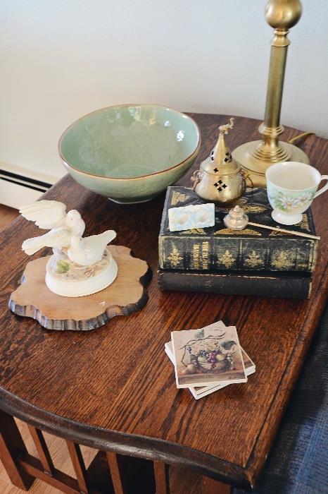 Pottery, Mission style end table and books
