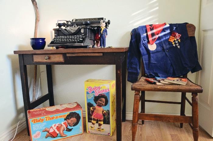Boy Scout uniform, Antique table and Woodstock Typewriter