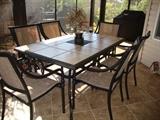 Lanai Dining Set. Tile Topped Table and 6 Arm Chairs