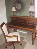 Desk, matching chair, credenza with hutch, file cabinet, end table