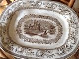 Brown and white transferware platter