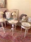 Three small round white marble top tables and pair of small off-white stenciled tables