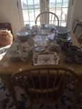 Hardwood kitchen table & Chairs plus assorted china