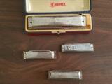 Hohner 64 Chromonica Harmonica 280-C 4 Full Octaves; M. Hohner "Marine Band" Harmonica; M. Hohner "Blues Harp" Harmonica; A-440 Chris-Kraft "Philimonli" Harmonica