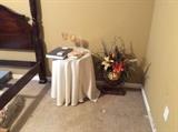 Small covered table & decorator items - master bedroom