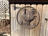 Outdoor Rooster - metal - on fence outside in bac