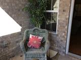 Vintage wicker chair just outside front door - artificial tree behin h