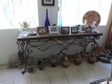 Iron/distressed wood entry or sofa table, Mexican water containers