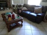 Leather Couch, 2 Level wood Glass Cocktail Table