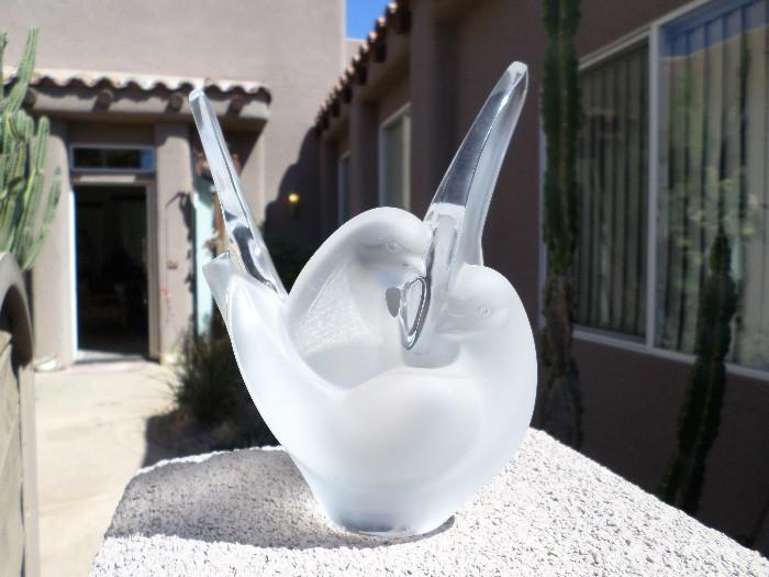 Lalique Double dove Vase with frog inset