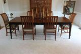 American Impressions Dining Table, Two Leaves (As Pictured) & Six Chairs By Ethan Allen - The Captains Chairs Have A Multi Color Ribbon Upholstery & The Side Chairs Have An Ivory Tweed Upholstery -- The Table Is Dark Cherry With Black Base -- Both Heads Of The Table Include A Pullout Drawer With The Ethan Allen Mark - The American Impressions Line Draws Its Inspiration From Three Sources - Shaker Furniture, The Arts & Crafts Movement & Early 20th Century Architects - Constructed Of Quality Cherry Hardwoods In The Autumn Cherry Finish