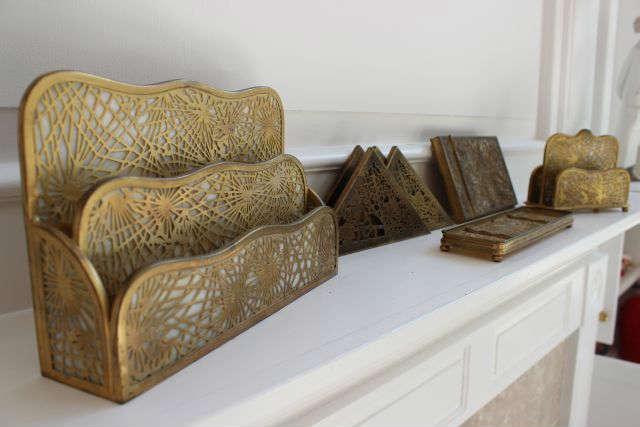 Tiffany Studio New York Art Nouveau Bronze & Art Glass Desk Pieces - Circa 1920 -- Pattern Style" Pine Needle " -- Stain Glass Color Is Carmel Slag ---- The Pieces Included Are: Four Blotter Corners ( Value $800 ) , Date Book ( Value $1250 With Damaged Glass Interior ) , Large Letter Holder ( Value $ 1,300 ) , Medium Letter Holder ( Value $ 1,000 ) , Pen Tray ( Value $ 650 ) -- As A Set These Are Selling Around $6,000