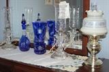 Vintage lamps. Etched cobalt glass vase and decanter