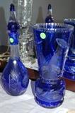 Carved cobalt decanter and vase (Poland)