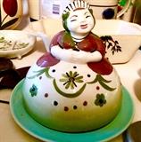 Amazing MCM pottery butter dish with delightfully decorated milkmaid cover.
