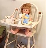 Antique high chair and toys