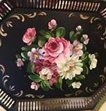 Black tole tray with pink and white flowers in great condition