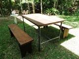 Industrial style table with two benches