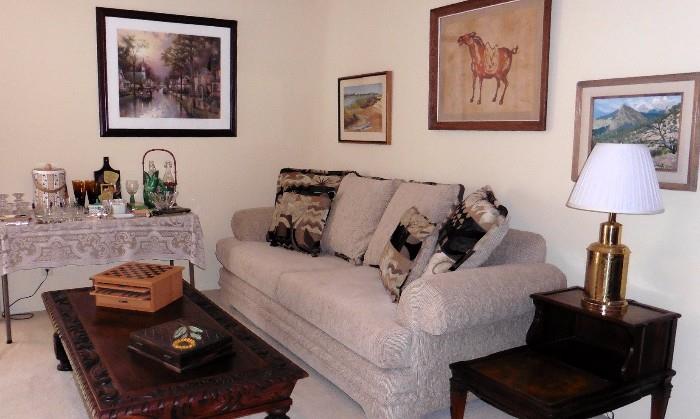 Couch, Mediterranean coffee table, Ruth Wynn painting, Kincaid print, barware  