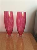 Vintage etched cranberry vases