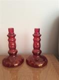 Vintage cranberry candlesticks with coin dots