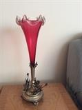 Victorian epergne.  Cranberry to clear ruffled edge set in silverplate base with fanciful figures.  Perfect!