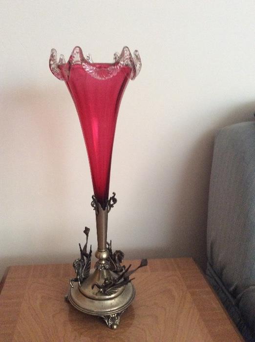 Victorian epergne.  Cranberry to clear ruffled edge set in silverplate base with fanciful figures.  Perfect!